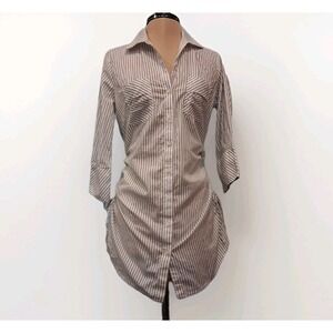 Y2k White Black Pinstripe Sexy Office Button Up Side Ruched Collared Shirt Dress